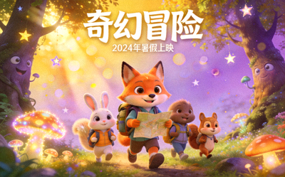 动画电影《奇幻冒险》海报 - 卡通动物在魔法森林中探险